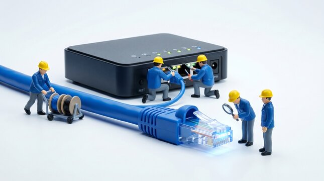 Miniature construction workers installing ethernet cable into black network router with magnifying tool.