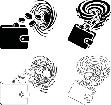 Financial risk vector icon set with wallet losing coins into a vortex, hyperinflation concept linear art