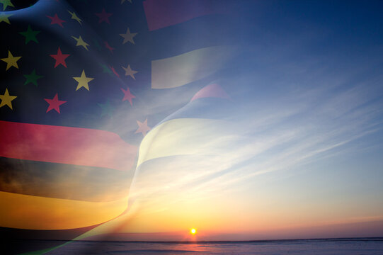Alternative Juneteenth Flag against the sunset. Juneteenth Freedom Day. June 19, Since 1865
