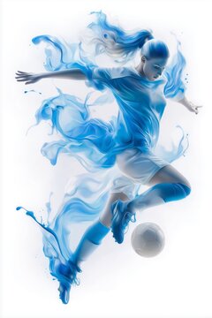 Dynamic female soccer player in blue jersey kicking ball surrounded by artistic fluid paint splash effect for sports action concept