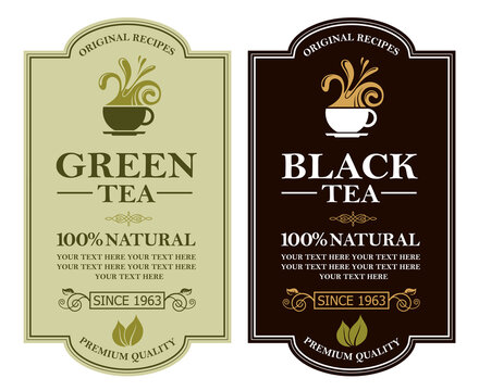 collection of green and black tea labels with leaves and cup