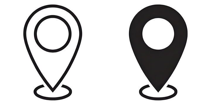 Map pin icons, location markers, navigation symbols, black and white