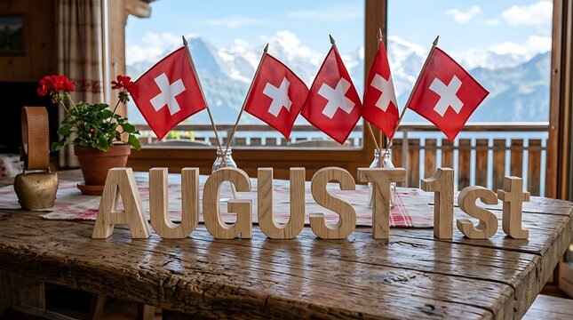 Wooden letters spell out August 1st with Swiss flags waving and mountain backdrop celebrating Swiss National Day holiday