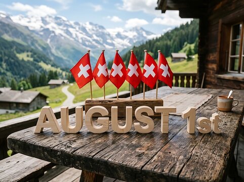 Wooden letters spelling August 1st stand on a rustic table in front of Swiss flags and a mountainous alpine landscape