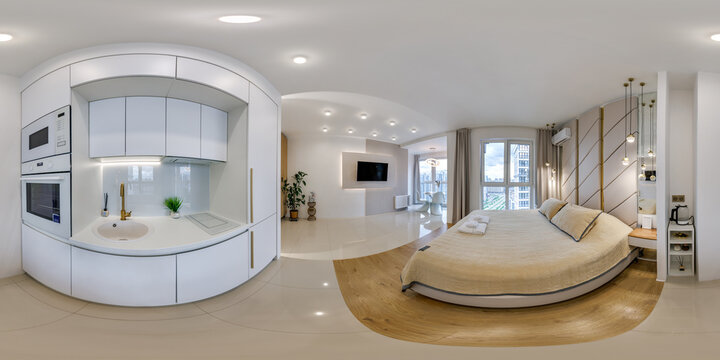 hdri 360 panorama view in interior of guest room studio in elite vip apartment with kitchen and bedroom with panoramic windows in equirectangular full spherical seamless projection, VR content