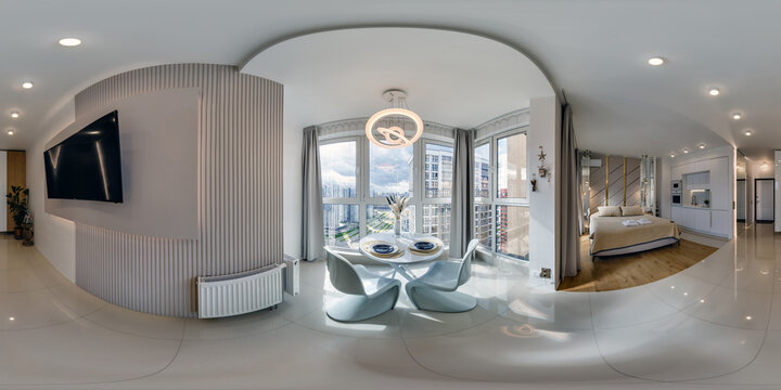 hdri 360 panorama view in interior of guest room studio in elite vip apartment with kitchen and bedroom with panoramic windows in equirectangular full spherical seamless projection, VR content