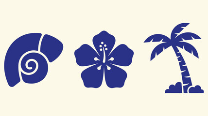 Tropical beach icon set with seashell hibiscus flower and palm tree silhouettes for summer vacation travel tourism coastal branding and island themed designs © jonty