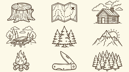 Camping and outdoor adventure icon collection featuring map cabin campfire mountains forest trees and survival equipment for hiking travel tourism and nature exploration themes © jonty