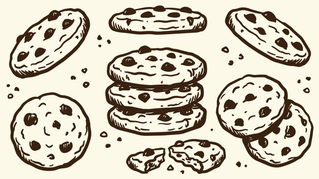 Hand drawn chocolate chip cookie collection featuring stacked cookies baked desserts and sweet snack illustrations for bakery branding packaging cafe menus and food design projects