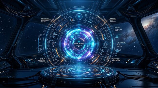 AI Generated Futuristic spaceship control panel with digital interface and navigation screens in space