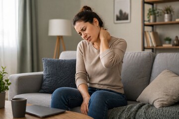 Obraz premium Woman Suffering from Neck Pain at Home