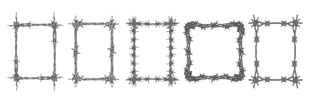 A set of square frames with barbed wire in a stipple style, featuring hand-drawn barbed wire borders and rustic-style outlines; a collection of vector illustrations for grunge-style designs.