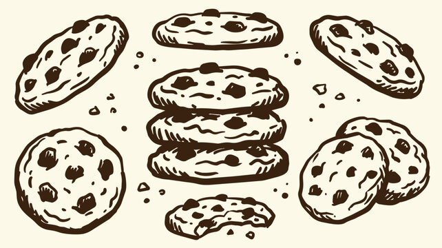 Chocolate chip cookie doodle collection with baked biscuits sweet treats and bakery dessert elements isolated for food branding cafe menus and packaging designs