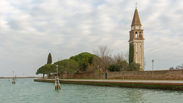 Leaning Bell Tower of Saint Michael the Archangel Church at Island Mazzorbo Venetian Lagoon Italy