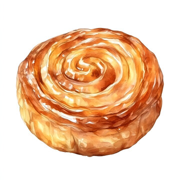 A 2D watercolor illustration of Danish pastry or cinnamon rolls separated on a white background.