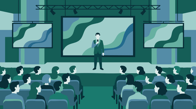 Speaker addressing an audience at a business conference with multiple screens