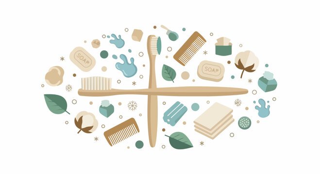 Eco-Friendly Personal Care and Sustainable Hygiene Products Illustration with Bamboo Toothbrush, Wooden Comb, and Organic Soap in Flat Vector Style