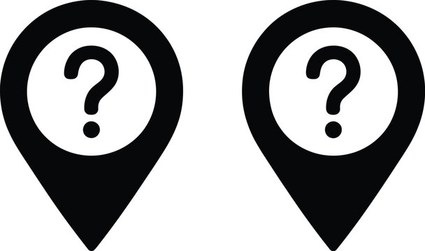 Map pin, question mark icons set, two location symbols representing unknown place navigation search and location inquiry concept.