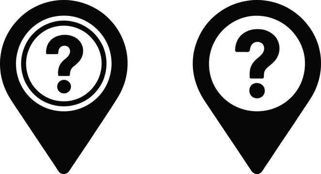 Map pin, icons with question marks set, location uncertainty symbols for map navigation search help and address finding concept.