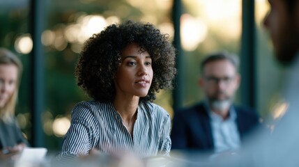 Fototapeta premium corporate diversity meeting, black woman manager leads diverse corporate team in glass office, fostering authentic teamwork and collaboration in premium photographic style