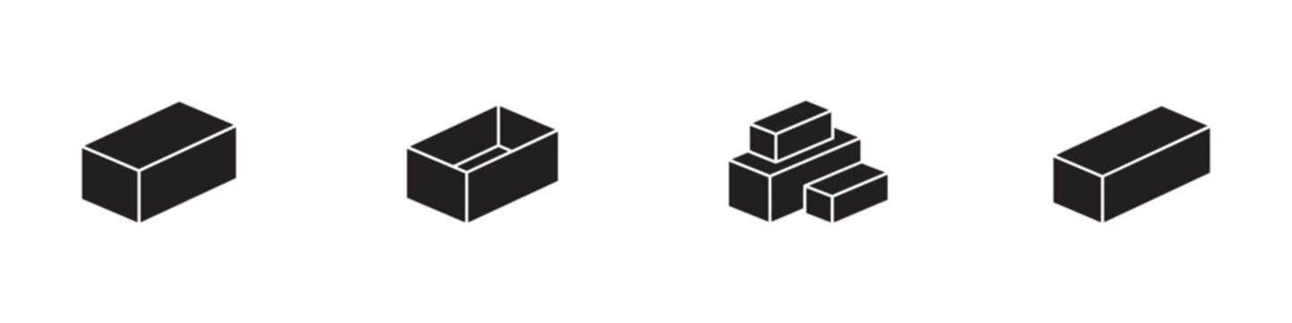 Isometric brick and box icon set. Building block, open container, stacked materials and rectangular package symbols. Vector illustration.