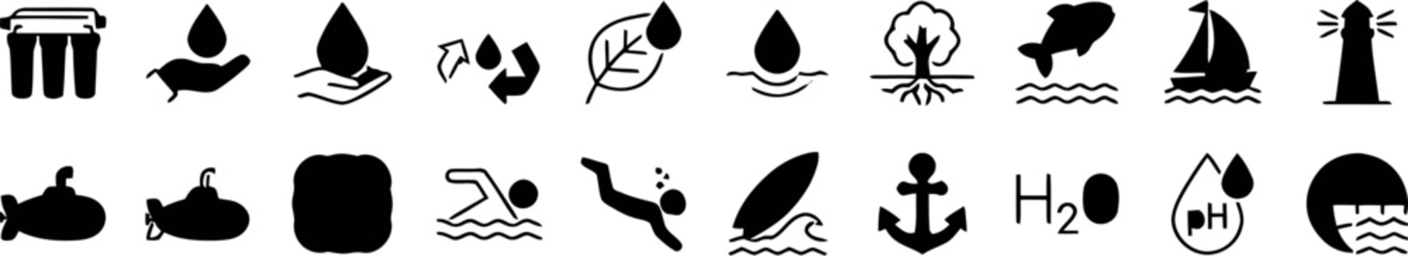 Collection of black water and ocean icons on white background