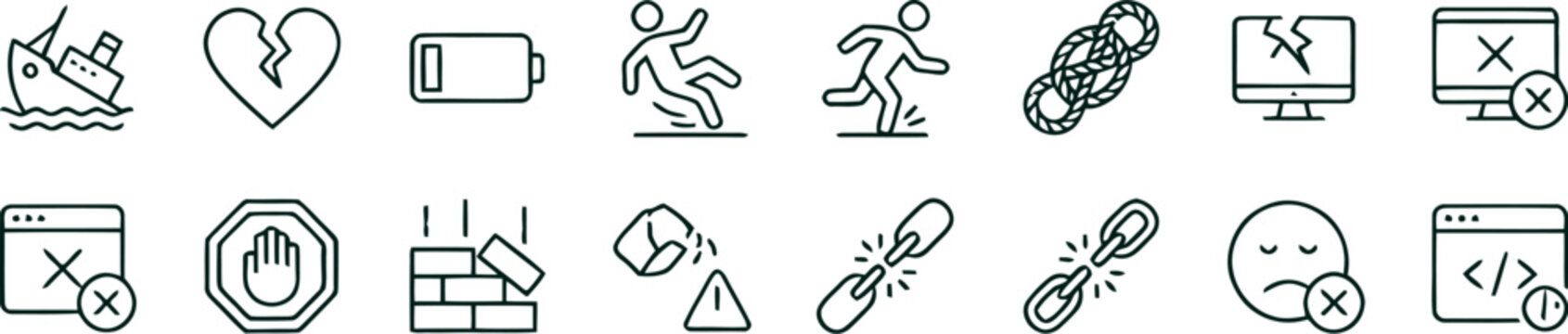 Failure and problem line icons set accidents errors and technical issues