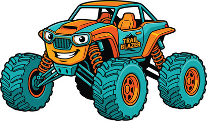 Cute Cartoon Monster Truck Character Illustration, Funny Orange and Teal Trail Blazer Toy Car Design Isolated © MDBodrulIslam
