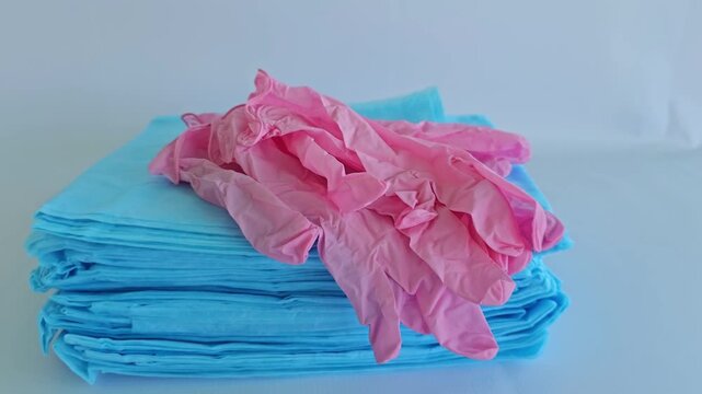 Cleaning supplies on a table with pink and blue items for various tasks and activities