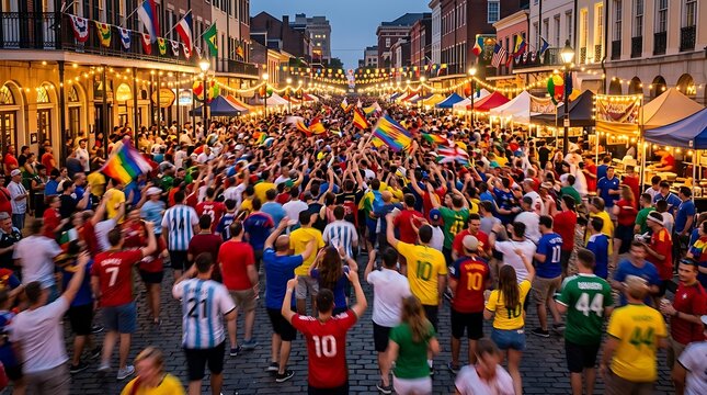 Sports fans cheering and waving flags during a street festival at dusk