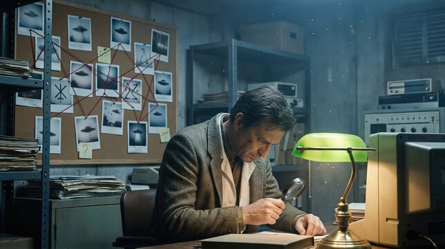 Man researcher examining documents with magnifying glass in underground office. Detective investigating alien sightings and ufo phenomena. Conspiracy theory and paranormal activity search.