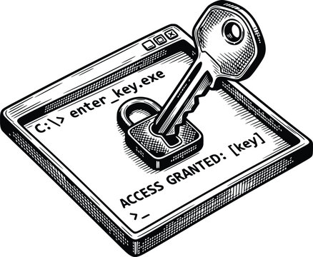 black fill hand drawn style illustration of a computer window with enter key exe terminal command line a real key unlocking a padlock showing access granted message with no white fills