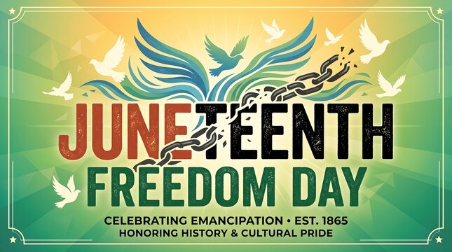 Juneteenth Freedom Day banner with broken chains and flying doves, celebrating emancipation and honoring history, green and yellow cultural pride poster