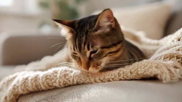 Relaxed tabby cat enjoying a deep nap in a cozy blanket indoors