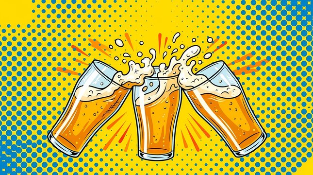 Vibrant pop art illustration of three frothy beer glasses clinking with refreshing splashes on a cheerful yellow comic background for celebratory advertisement.