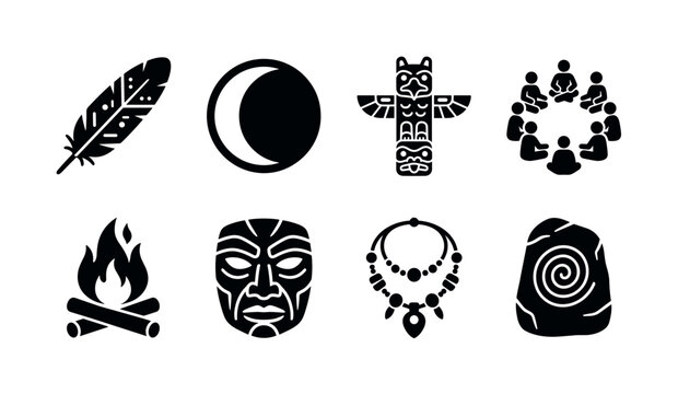 Indigenous oral heritage. Filled icon set of Indigenous oral heritage: ceremonial feather, moon symbol, carved totem, storytelling circle, traditional fire, ancestral face, cultural necklace, memory