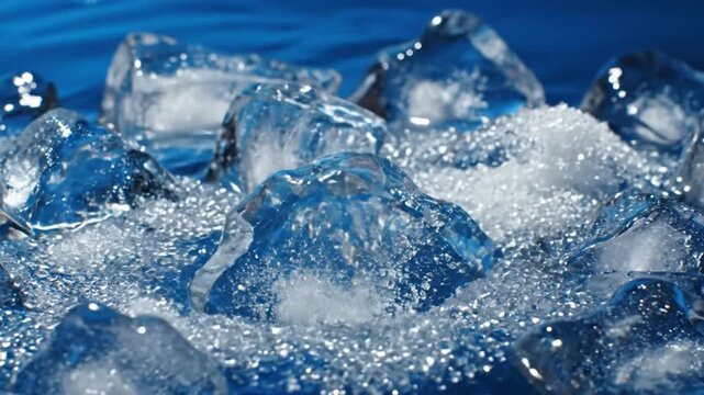 Macro close-up of crystal clear ice chunks and crushed granular ice resting on a blue surface with visible water droplets and reflections under bright studio lighting.