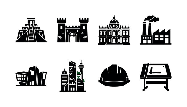 Architectural Transformation. Filled icon set of Architectural Transformation: ziggurat temple, castle gate, baroque palace, industrial factory, contemporary museum, smart city tower, construction