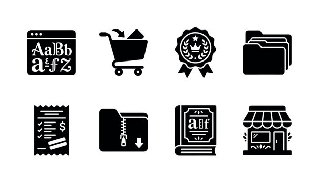 Creative Font Marketplace. Filled icon set of creative font marketplace: font preview window, ecommerce shopping cart, premium typography badge, design portfolio, payment receipt, downloadable zip