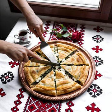 Albanian Byrek Spinach Feta Religious Ceremony Bajram Flat Lay Copper Tray