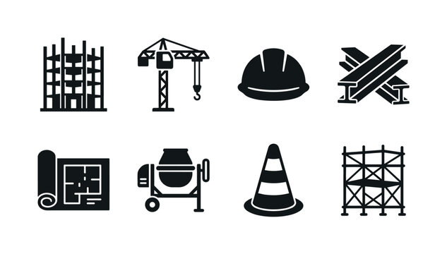 Skyscraper Construction. Filled icon set of Skyscraper Construction: skyscraper frame, construction crane, hard hat, steel beams, blueprint roll, cement mixer, safety cone, scaffolding tower. Solid