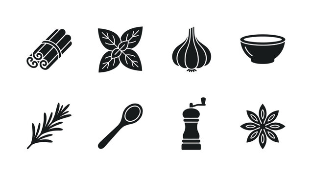 Flat lay of spices and herbs. Filled icon set of Flat lay of spices and herbs: cinnamon sticks, basil leaves, garlic bulb, spice bowl, rosemary sprig, wooden spoon, pepper grinder, star anise. Solid