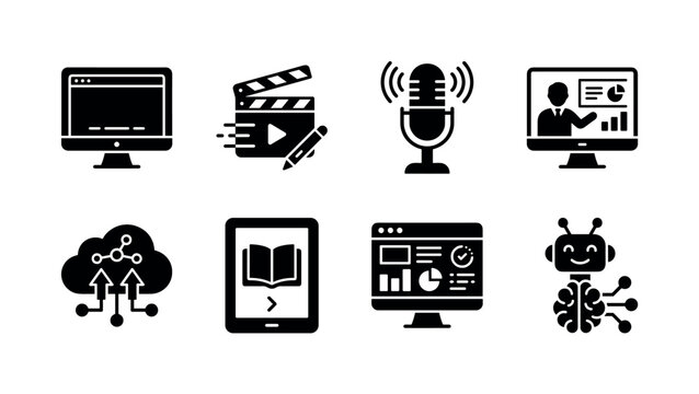 Digital Education Technology. Filled icon set of Digital Education Technology: desktop monitor, animation tools, podcast microphone, webinar presentation, cloud collaboration, ebook reader, learning