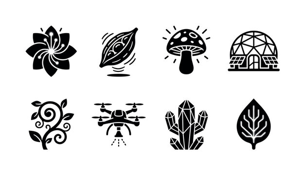 Sci fi botanical landscapes. Filled icon set of Sci fi botanical landscapes: cyber tree, plasma flower, robotic gardener, alien fern, energy orb plant, hydroponic tube, glowing roots, space garden