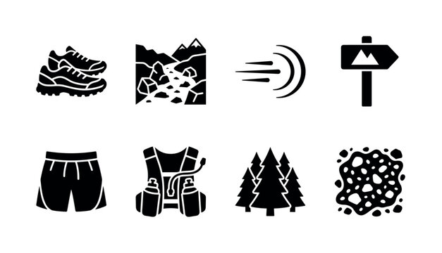 Outdoor Trail Running. Filled icon set of Outdoor Trail Running: athletic shoes, rocky pathway, speed motion lines, trail marker, running shorts, hydration pack, pine trees, gravel texture. Solid