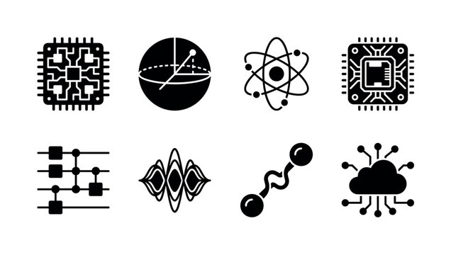 Quantum Computing. Filled icon set of quantum computing: quantum chip, qubit sphere, atom structure, futuristic processor, quantum circuit, superposition wave, entangled particles, data cloud network.