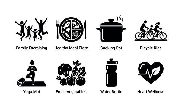 Healthy Family Lifestyle. Filled icon set of Healthy Family Lifestyle: family exercising, healthy meal plate, cooking pot, bicycle ride, yoga mat, fresh vegetables, water bottle, heart wellness icon.