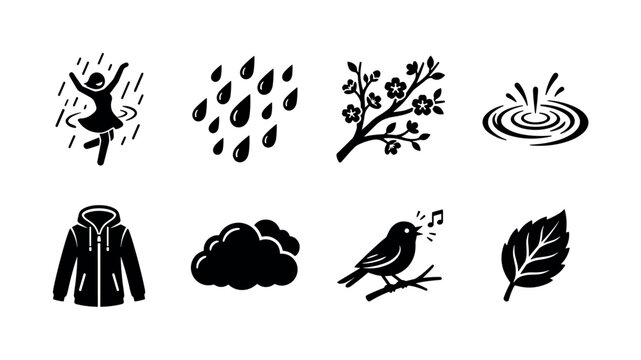 Rainy Spring Moments. Filled icon set of Rainy Spring Moments: carefree dancer, falling raindrops, floral branch, puddle ripples, lightweight jacket, cloudy weather, chirping bird, fresh spring leaf.