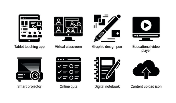 E Learning Content Production. Filled icon set of E Learning Content Production: tablet teaching app, virtual classroom, graphic design pen, educational video player, smart projector, online quiz,
