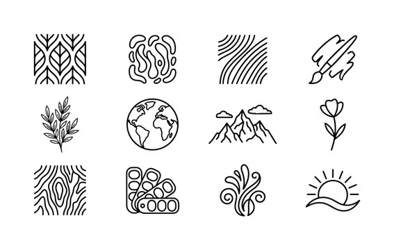 Graphic Design Trends Nature Inspired Design Example. Line outline icon set of Graphic Design Trends Nature Inspired Design Example: leaf pattern, organic shapes, flowing lines, watercolor brush,